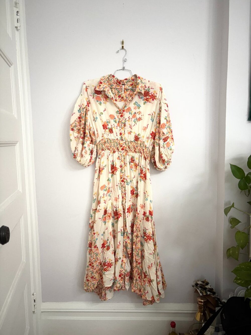 Free People Prairie Punk Cream & Orange Floral Smocked Maxi Dress - M